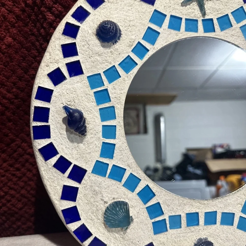 Coastal Mosaic Mirror Seashell Starfish Blue Tile Beach Decor Round Wall Art 12”
